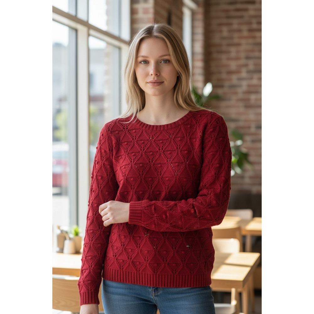 Tommy Hilfiger Red Cotton Pointelle Knit Diamond Pattern Sweater XL IA9 7650805